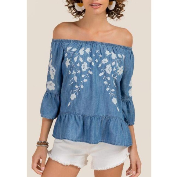 Francesca's Collections Tops - Blue Rain • Off Shoulder Embroidered Blouse